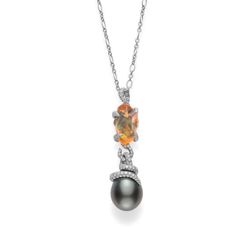 Black South Sea Baroque Cultured Pearl Diamond And Opal Pendant in Silver