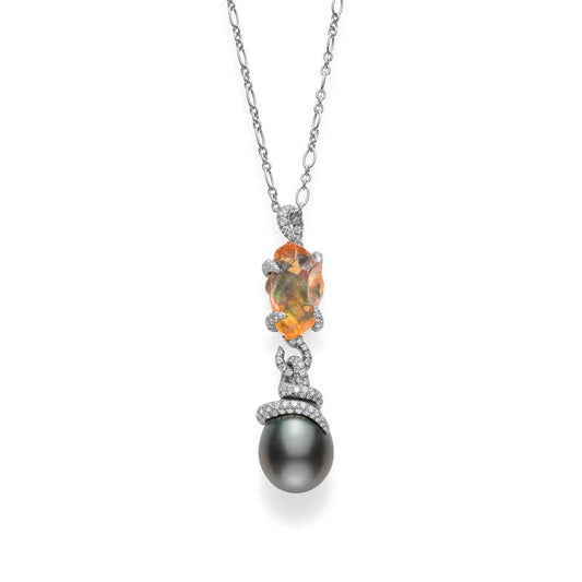 Black South Sea Baroque Cultured Pearl Diamond And Opal Pendant in Silver
