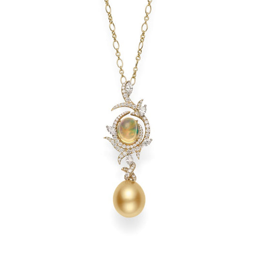 Golden South Sea Cultured Pearl and Opal Pendant with Diamonds in Yellow