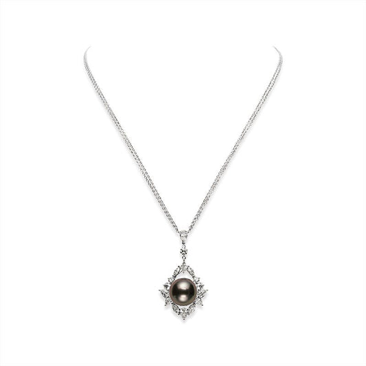 Classic Black Sea Pearl and Diamond Pendant In White