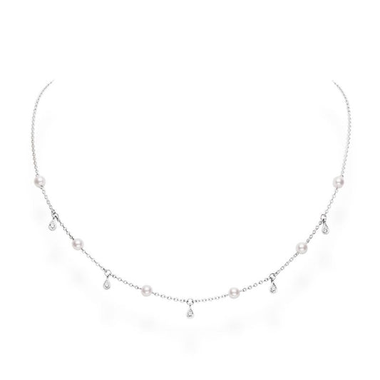 Zhuji Cultured Pearl and Diamond Drop Necklace in Silver