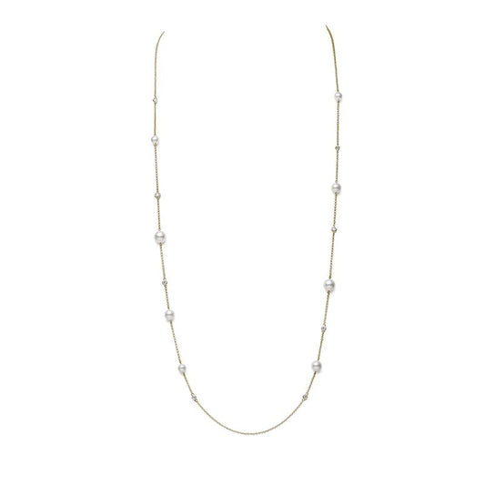 Zhuji Cultured Pearl and Diamond Station Collection Necklace in Yellow 31 Inch