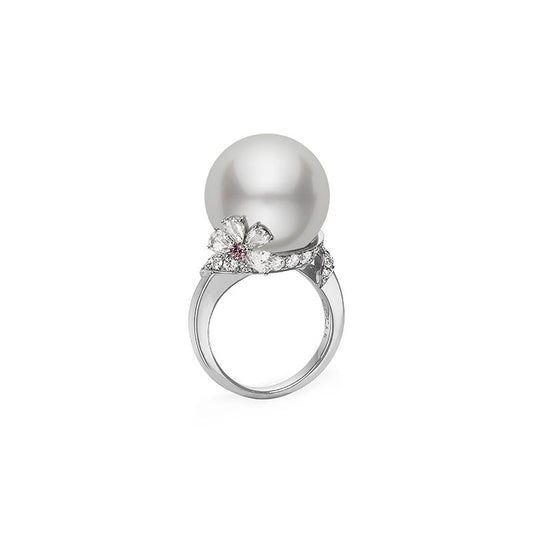 White South Sea Cultured Pearl and Diamond Ring Floral in Silver