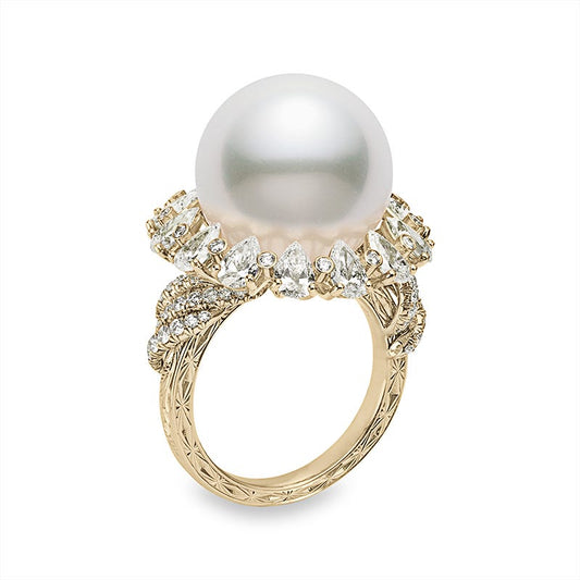 White South Sea Cultured Pearl and Diamond Ring in Yellow