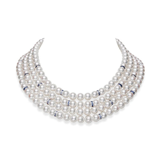 Ocean Collection Zhuji Cultured Pearl Necklace with Sapphire and Diamond Rondelles in White