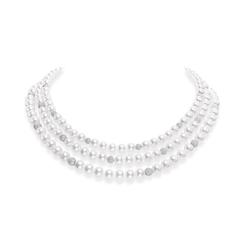 Fusion Zhuji Cultured Pearl Triple Strand with Pave Diamond Spheres