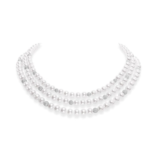 Fusion Zhuji Cultured Pearl Triple Strand with Pave Diamond Spheres
