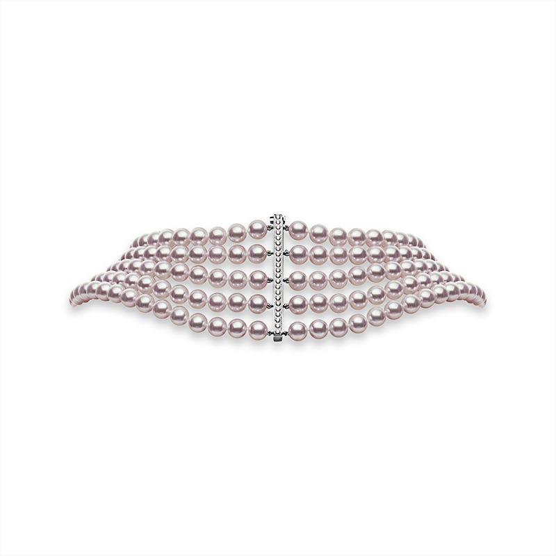 Fanuly Cultured Pearl Five Row Strand Necklace with Diamond Clasp