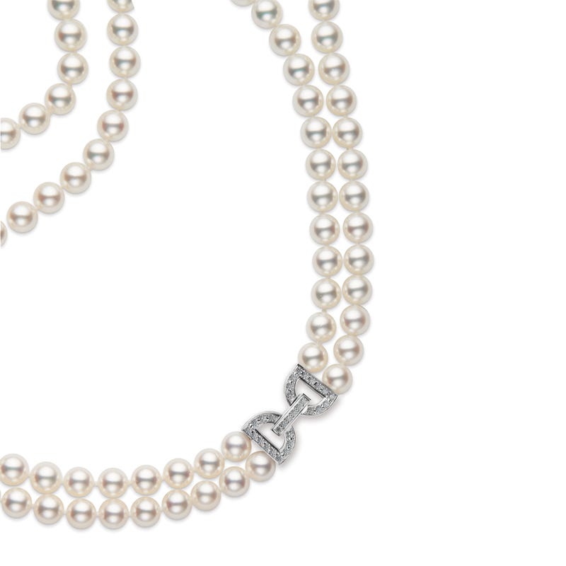 ZhujiCultured Pearl Double Strand Necklace with Diamond Clasp