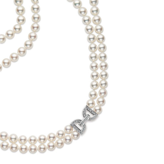 ZhujiCultured Pearl Double Strand Necklace with Diamond Clasp