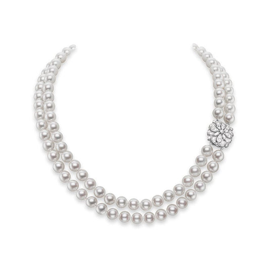 Classic Zhuji Double Strand Necklace with Diamonds in White