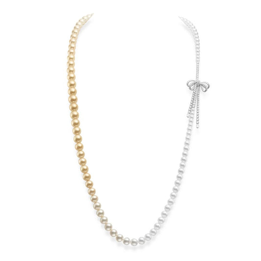 Zhuji and Golden South Sea Cultured Pearl Ribbon Necklace with Diamonds