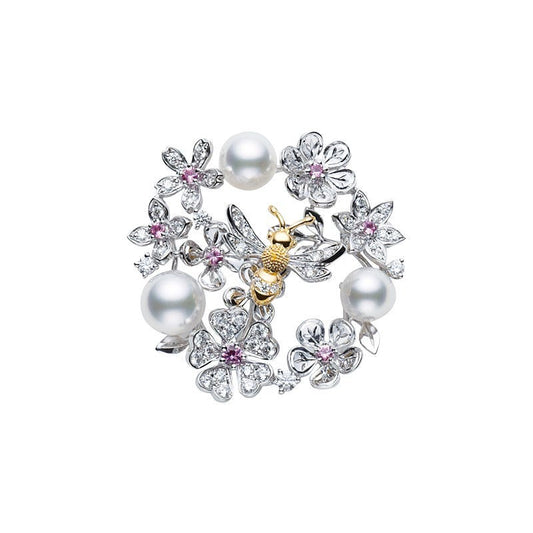 Floral Zhuji Cultured Pearl, Diamond and Sapphire Brooch