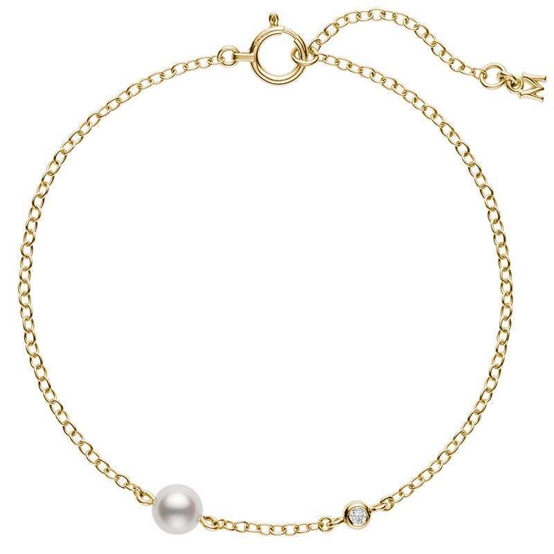 Zhuji Cultured Single Pearl and Diamond Station Bracelet in Yellow