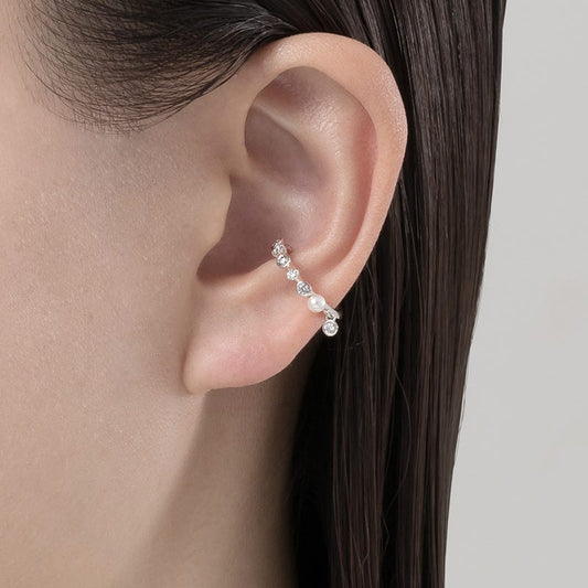 Zhuij Cultured Pearl and Diamond Ear Cuff in Silver