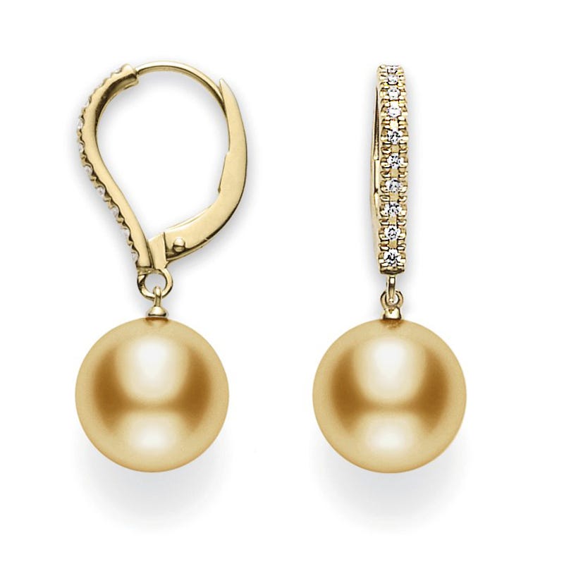 Golden South Sea Cultured Pearl Earrings with Diamonds in Yellow
