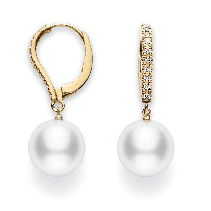 White South Sea Cultured Pearl Earrings with Diamonds in Yellow