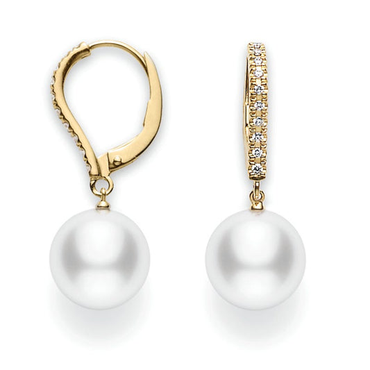 White South Sea Cultured Pearl Earrings with Diamonds in Yellow