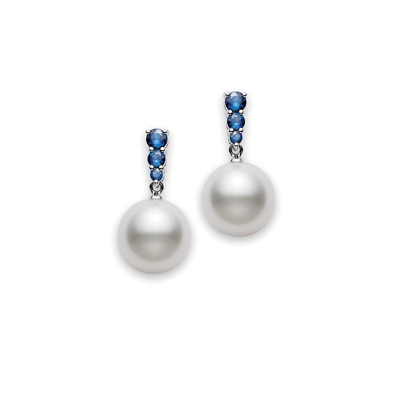 Morning Dew White South Sea Cultured Pearl with Blue Sapphire Earrings in Silver