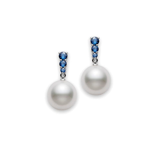 Morning Dew White South Sea Cultured Pearl with Blue Sapphire Earrings in Silver