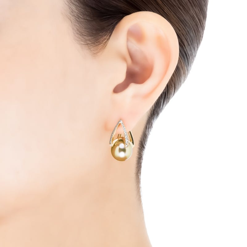 M Collection Golden South Sea Cultured Pearl Earrings with Diamonds in Yellow