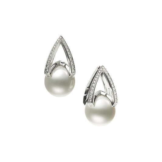 M Collection White South Sea Cultured Pearl and Diamond Earrings in Silver