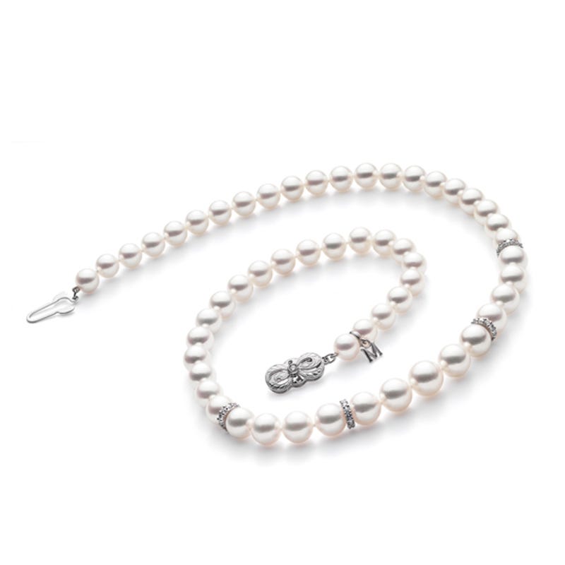 18" Zhuji Cultured Pearl Graduated Strand Necklace with Diamond Rondelles In White Clasp